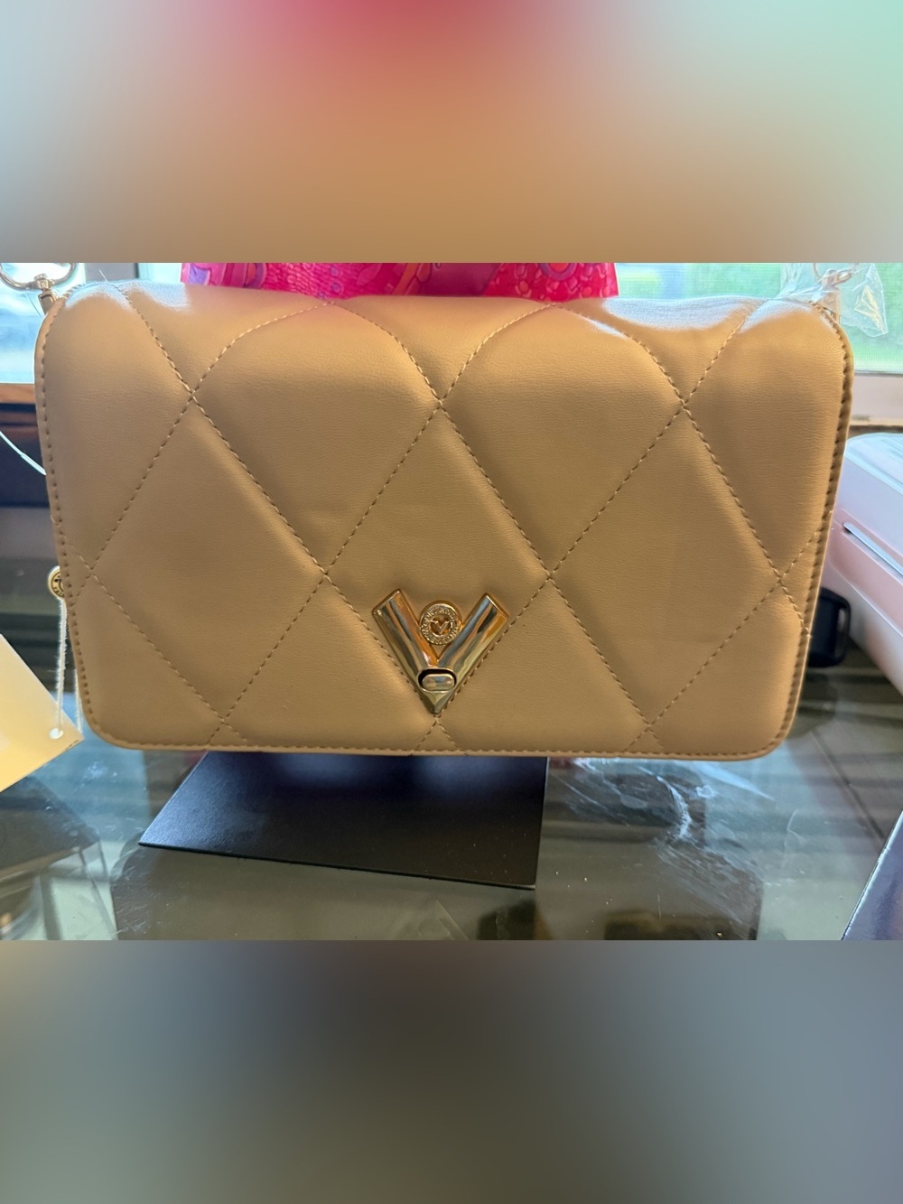 Valentino Orlandi Quilted Shoulder Bag in Beige with Gold V-Logo